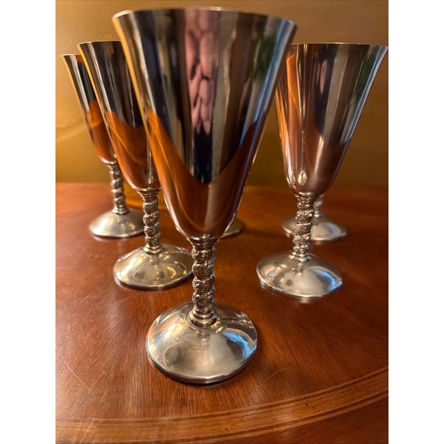 Mid-Century Modern J. Perez Ruiz Silverplated 7" Twisted Stem Goblets Spain 1950's - Set of 6 For Sale - Image 3 of 9