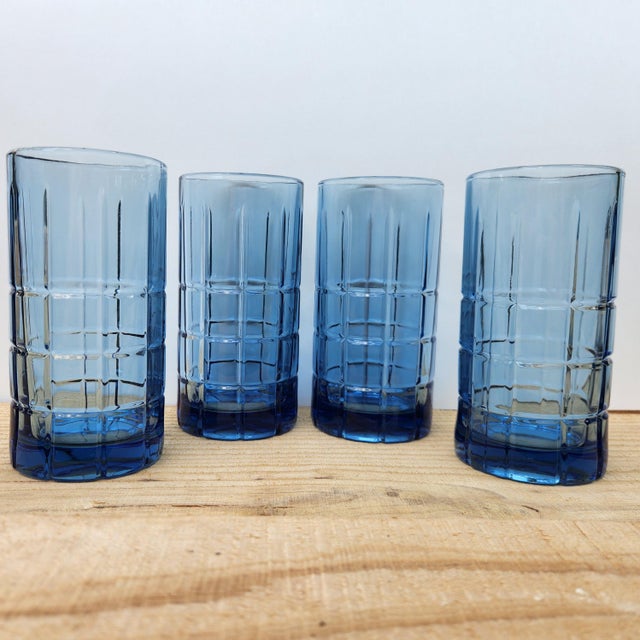 Blue Vintage Mid-Century Modern Anchor Hocking "Tartan Blueberry" Flat Iced Tea Glasses - Set of 4 For Sale - Image 8 of 15