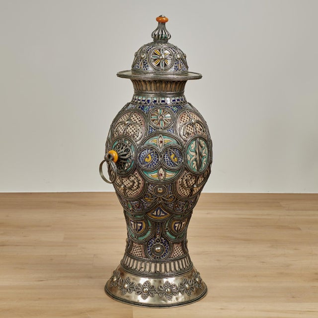 Large Vintage Moroccan Earthenware and Metal Lidded Urn For Sale In West Palm - Image 6 of 13