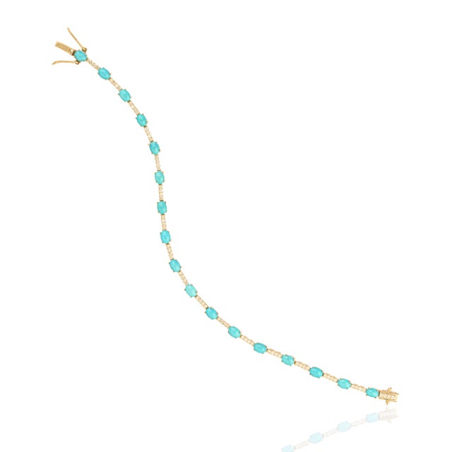 Metal 14k Solid Gold Natural 3.25ct Turquoise & Diamond Mexican Bracelet For Sale - Image 7 of 16