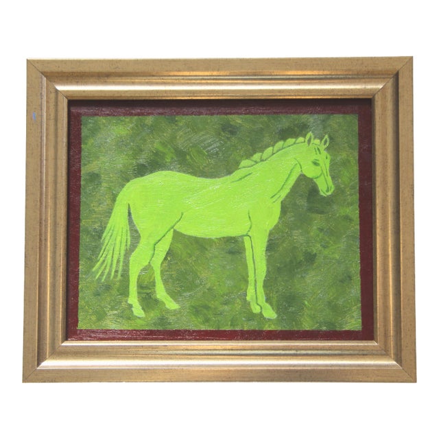 Horse Minimalism English Traditional Folk Art Green Original Oil Painting by Cleo Plowden For Sale