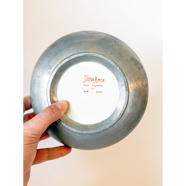 1970s Vintage Pewter Encased Porcelain Chinoiserie Bowl For Sale - Image 5 of 5