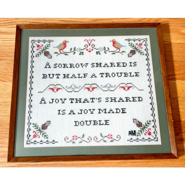 Late 20th Century Vintage Folk Art Bird and Poem Cross Stitch, Framed For Sale - Image 5 of 5
