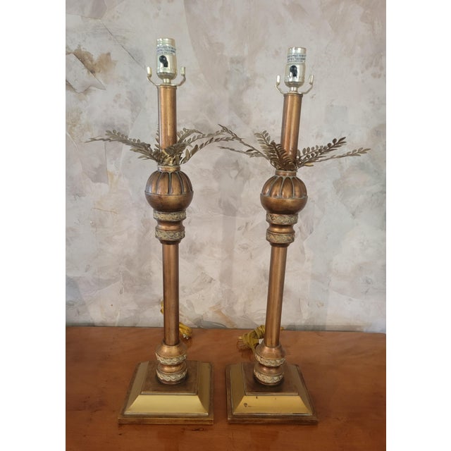 Hollywood Regency Vintage Gold Gilt Hollywood Regency Palm Frond Pleated Shades Table Lamps- A Pair For Sale - Image 3 of 8