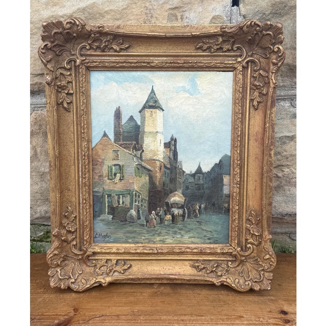 Capture the timeless charm of Old World Europe with this antique oil on canvas depicting a bustling European village...