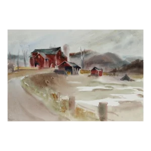 1960s "Big Red Barn 56" Watercolor Painting by Eve Nethercott