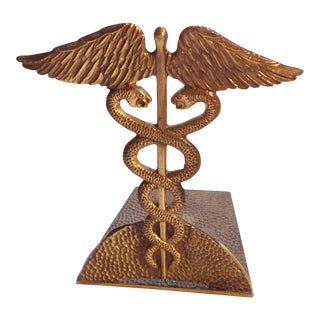 Vintage Caduceus Brass Medical Themed Bookend For Sale
