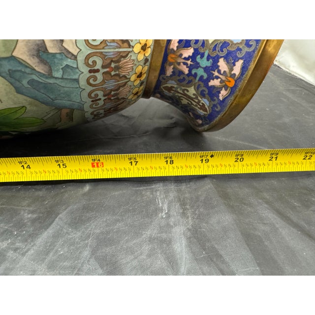 Large 20" Chinese Cloisonne Enamel Vase Cobalt Blue Birds Cherry Blossom Vintage For Sale - Image 12 of 12