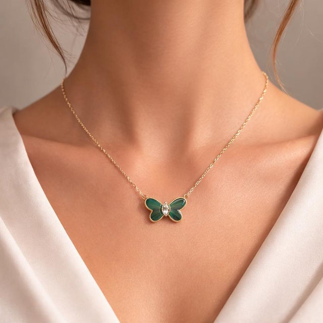 Contemporary Rare 14k Gold Butterfly Necklace With Malachite Wings by Hammerman Bros For Sale - Image 3 of 8