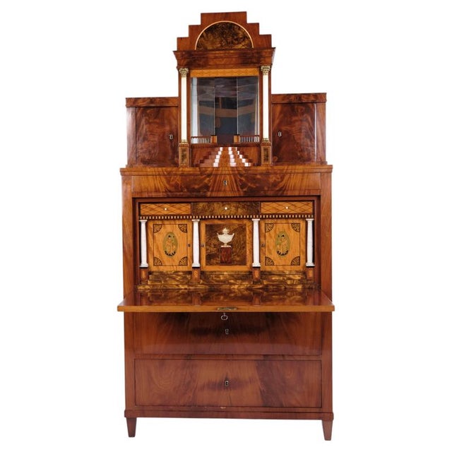 Antique Empire Secretary Desk in Hand-Polished Mahogany with Marquetry, 1840s For Sale - Image 12 of 12