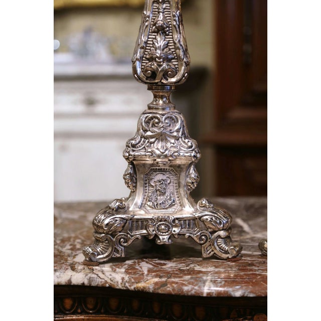Late 19th Century Pair of 19th Century French Carved Repousse Silver Plated Brass Candle Holders For Sale - Image 5 of 13
