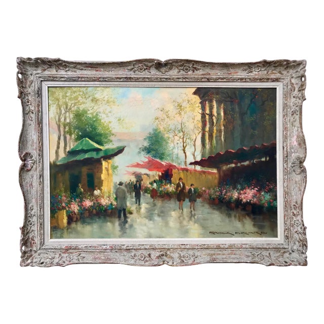 Large Vintage Mid Century French Impressionist Oil Painting Flower Sellers Paris by Raoul Girard Circa 1950 31.5". X 43.5” For Sale