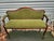 Beautiful green bench in walnut and fabric. Louis Philippe style. Features elegant curves and fine wood, studded fabric...