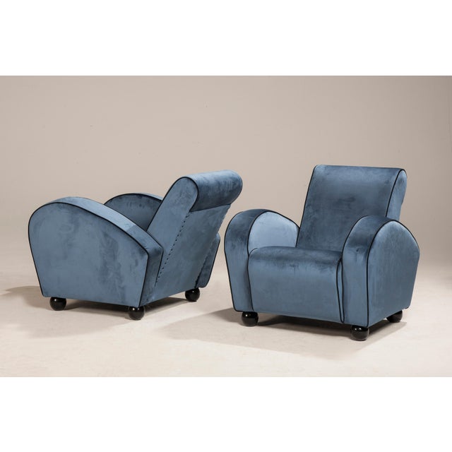 Set of Art Deco Blue Velvet Armchairs, 1940s For Sale - Image 6 of 18