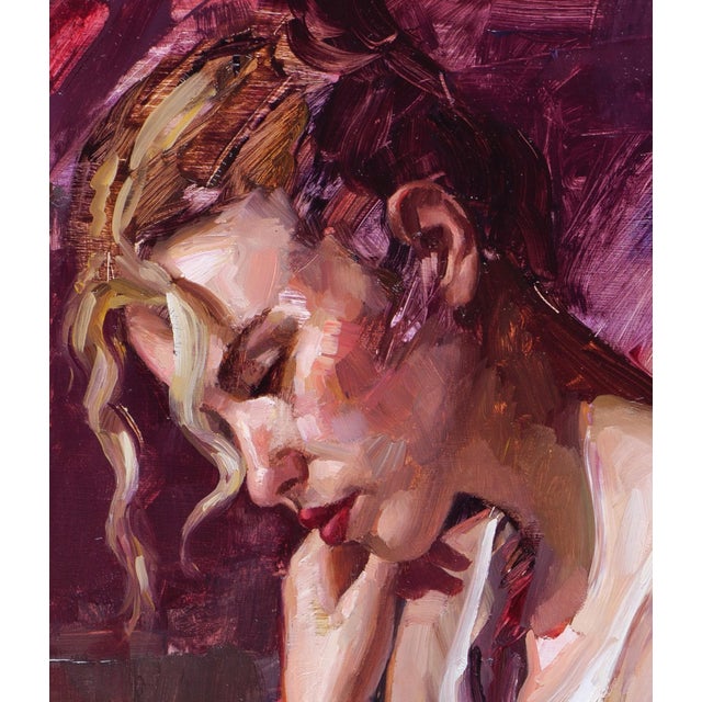 Contemporary Up All Night by Matt Talbert | Oil on panel Painting of a woman sitting pensively on a bed. For Sale - Image 3 of 5