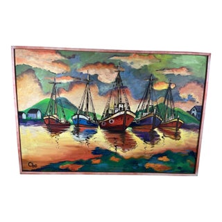 1960s Vintage Nautical Harbor Seascape Fishing Boats in Sunset Oil Painting by Cho, Framed For Sale