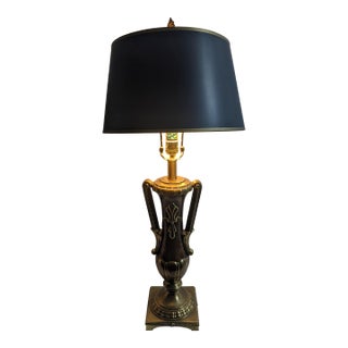 Late 20th Century Large Neoclassical Style Brass & Faux Burlwood Table Lamp With Black Shade – 34"h For Sale