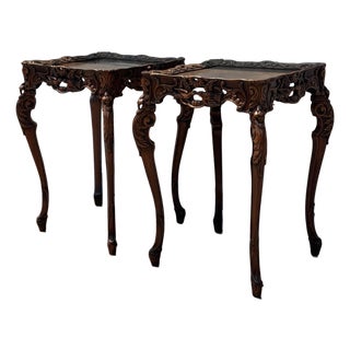 Pair of Spanish Revival Carved Walnut Side Tables, Bird Motif, Baroque Style For Sale