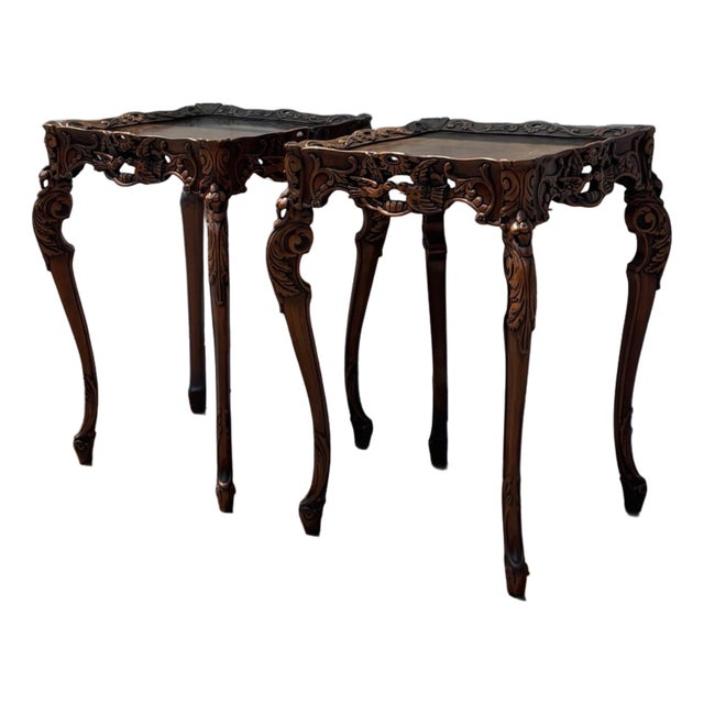 Pair of Spanish Revival Carved Walnut Side Tables, Bird Motif, Baroque Style For Sale