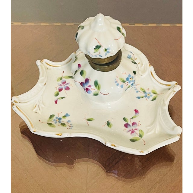 Shabby Chic Antique German Handpainted Porcelain Inkwell Catchall For Sale - Image 3 of 4