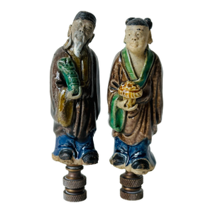Chinese Mudman Lamp Finials on Bronze Hardware - A Pair