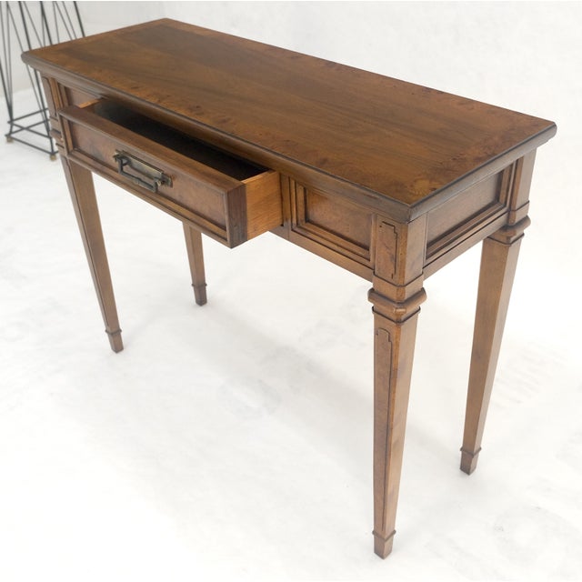 Very Fine Burl Wood Compact One Drawer Tapered Legs 36" Wide Console Table MINT For Sale - Image 14 of 17