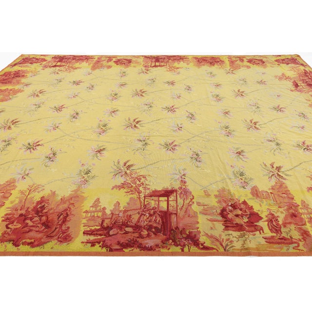 Vintage French Style Needlepoint Yellow Wool Rug With Chinoiserie Toile Border For Sale - Image 9 of 13