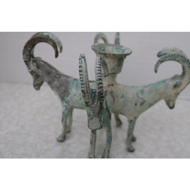 1950's Verdigris Brass Candle Holder With 4 Ram Figures For Sale - Image 9 of 9