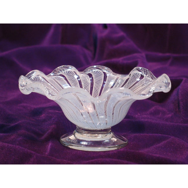 Early 20th Century Venetian Glass Bowl, Small White Latticinio, Handmade Italy, Mouth Blown Italian Glass. For Sale - Image 4 of 8