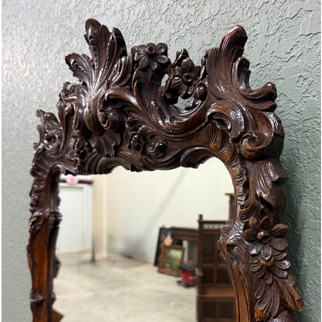 Antique French Rococo Mirror Framed Hanging Wall Mirror Rectangular Carved Oak For Sale - Image 16 of 18