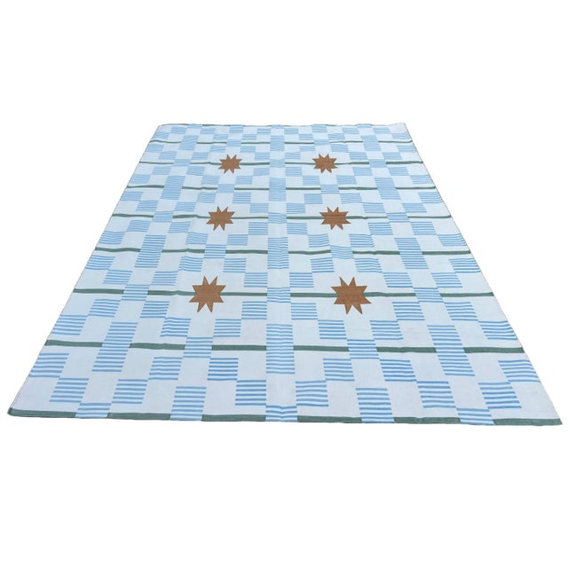 Handmade Cotton Area Rug, Cream, Sky Blue, Green and Tan Star Dash Striped Dhurrie - 9'x12' For Sale - Image 9 of 12