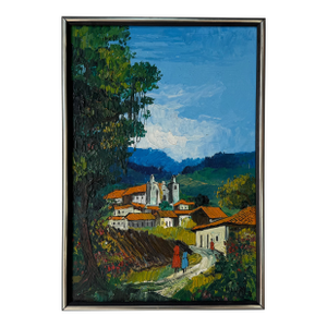 1970's Vintage “Maury” Village Landscape Oil Painting on Plywood – Framed