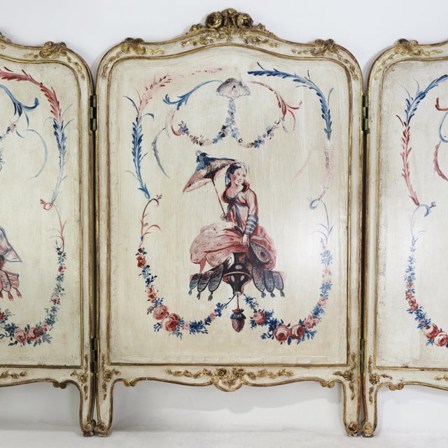 Vintage French Rococo Three-Panel Hand-Painted Vanity Screen – Chinoiserie Room Divider For Sale - Image 4 of 15