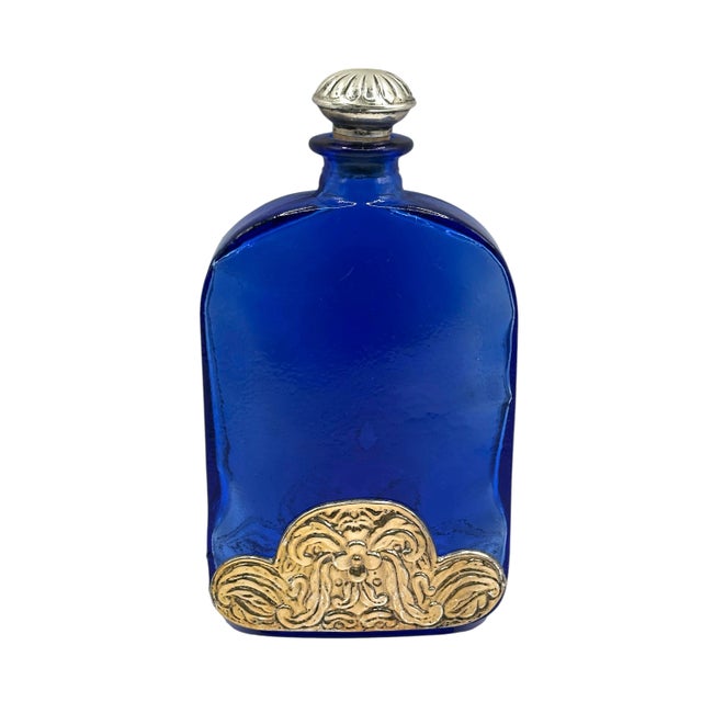 Vintage Cobalt Blue Spanish Art Glass Flask With Ornate Embossed Scrollwork Medallion For Sale - Image 11 of 12