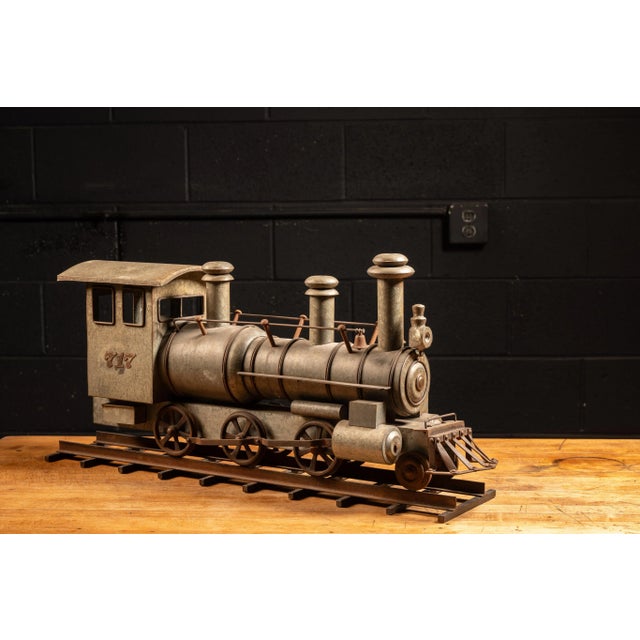 American Early 20th Century Galvanized Steel Steam Locomotive Model on Track For Sale - Image 3 of 11