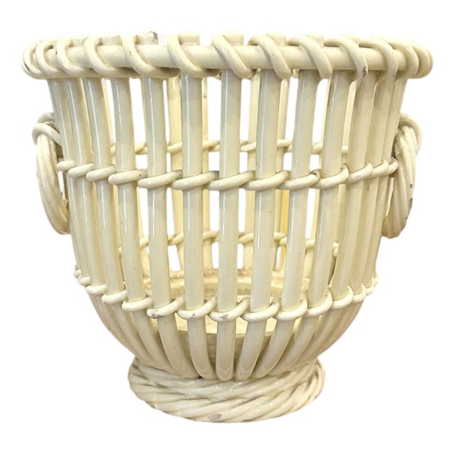 Vintage English Creamware Ivory Woven / Open Weave Reticulated Basket / Basketweave Ring Handled Jardiniere / Cache Pot / Cachepot / Planter For Sale