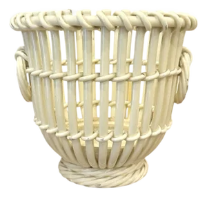 Vintage English Creamware Ivory Woven / Open Weave Reticulated Basket / Basketweave Ring Handled Jardiniere / Cache Pot / Cachepot / Planter