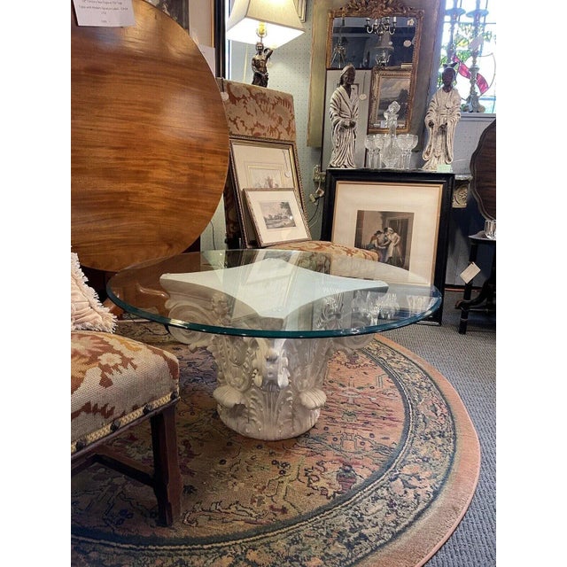 1990s Clear Coated White Plaster Corinthian Column Bevelled Glass Top Coffee Table For Sale - Image 12 of 13