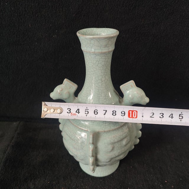 Chinese Ceramic Vase,Guan Ware Crackle Glaze Celadon Porcelain Double Ears Vase For Sale - Image 9 of 9