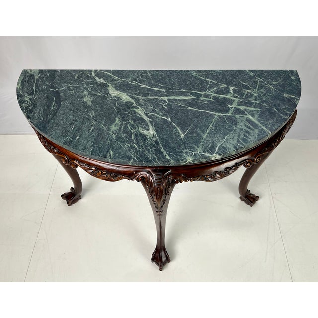 Vintage Chippendale Style Carved Mahogany Green Marble Top Demilune Console Table For Sale - Image 6 of 13