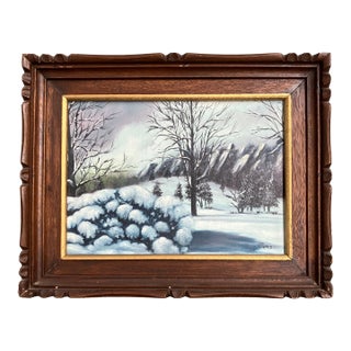 1950’s Original Post Impressionist Winter Landscape Painting Vintage Carved Wood Frame For Sale