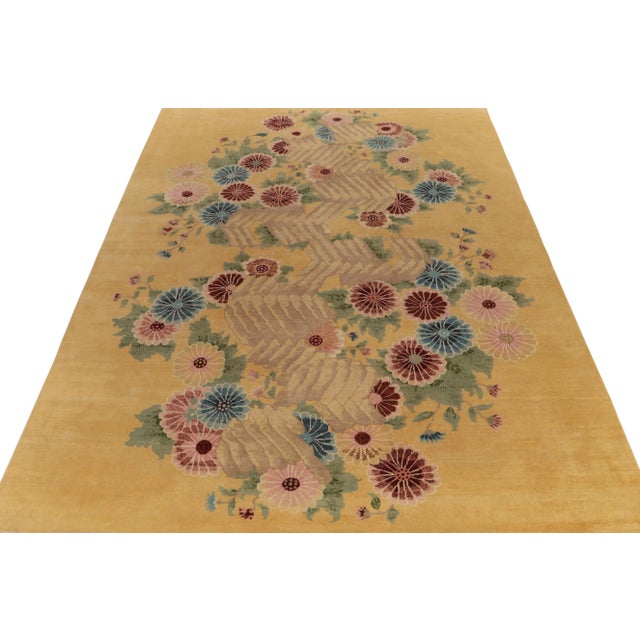 Art Deco Rug & Kilim Chinese Style Art Deco Rug in Gold with Red & Blue Floral Patterns - 8'x10' For Sale - Image 3 of 8