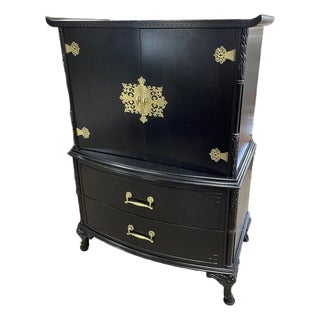 Antique Solid Mahogany Oriental Chest of Drawers, Black Satin Lacquer, Refinished, Brass Hardware For Sale