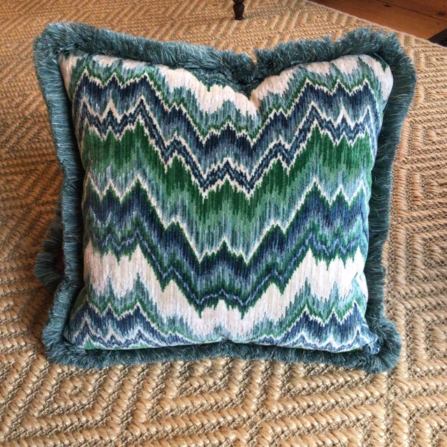Blue Pair of Schumacher Bezique Flamestich Pillows in Blues & Greens With Custom Samuel & Sons Fringe For Sale - Image 8 of 10