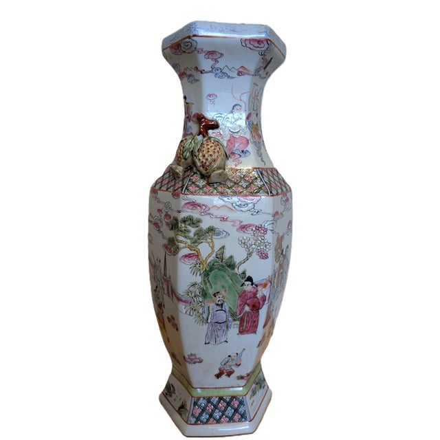 Asian Antique Antique Chinese Famille Rose Eight Immortals Hexagonal Shape Vase (21 Inches) For Sale - Image 3 of 12