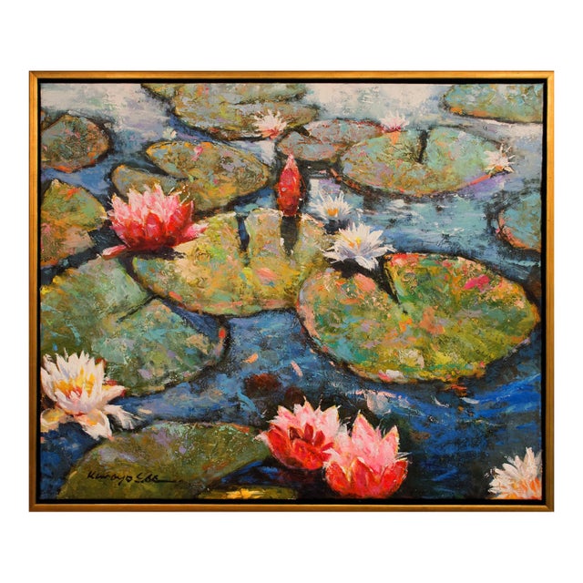Framed Textured Contemporary Iris Lilies Red White Blue Painting on Canvas For Sale