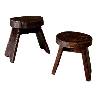 Hand Crafted Carved Low Stools, Spain, 1960s, Set of 2 For Sale