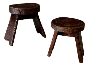 Hand Crafted Carved Low Stools, Spain, 1960s, Set of 2