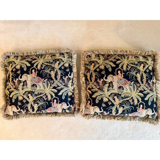Vintage Chinoiserie Tapestry Throw Pillows With Elephants and Monkeys - A Pair For Sale - Image 9 of 13