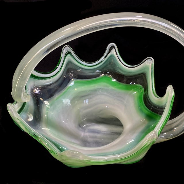Vintage Murano Green Blown Art Glass Centerpiece Cornucopia Bowl W/ Handle For Sale - Image 6 of 10